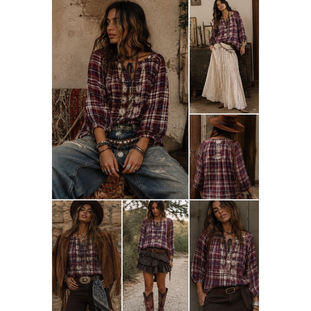Johnny Was XL Plaid Embroidered Peasant Blouse Boho Western Fall Tunic